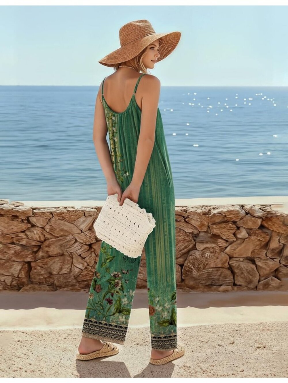 Women's Jumpsuits Floral Ice Green Wide Leg Sleeveless Outfit Romper with Pocket - Picture 3 of 6